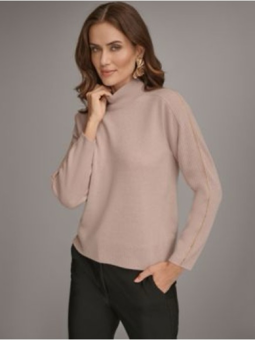 Donna Karan 100% Cashmere Shadow Pink Gold Trim Mock Neck Sweater S
